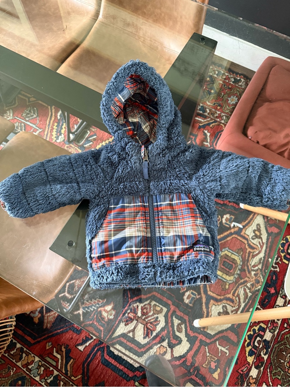 Patagonia Reversible Navy Sherpa Hoodie with Red & Cream Plaid Pockets